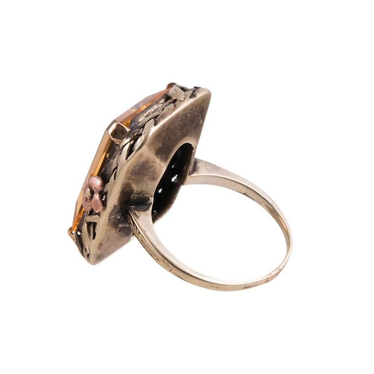 1915 Citrine Gold Ring with Floral Border at 1stDibs