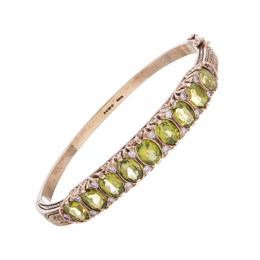 Victorian “English Carved” Peridot Diamond Gold Bangle Bracelet In Excellent Condition In Carmel-by-the-Sea, CA
