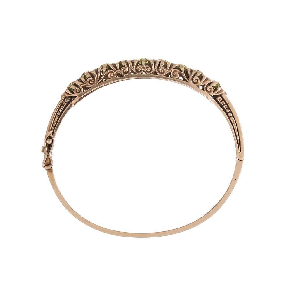 Women's Victorian “English Carved” Peridot Diamond Gold Bangle Bracelet