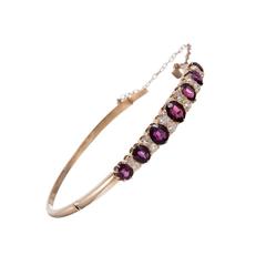 Victorian “English Carved” Rhodolite Garnet Diamond Gold Bangle Bracelet