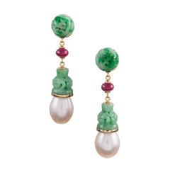 Seaman Schepps Carved Jadeite Freshwater Pearl Ruby Gold Earrings 