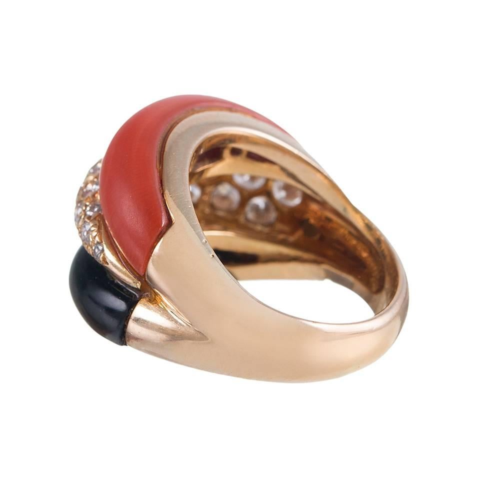 Van Cleef & Arpels Onyx Coral Diamond Gold Ring In Excellent Condition In Carmel-by-the-Sea, CA