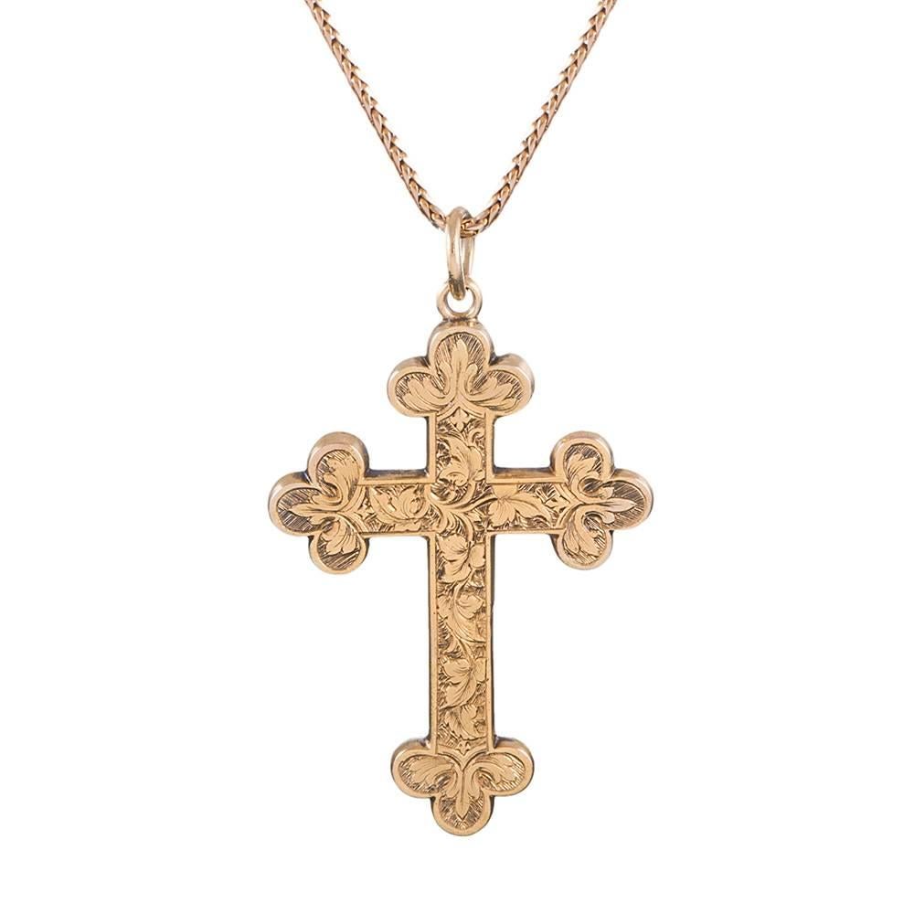 Victorian Gold Engraved Cross Pendant In Excellent Condition In Carmel-by-the-Sea, CA
