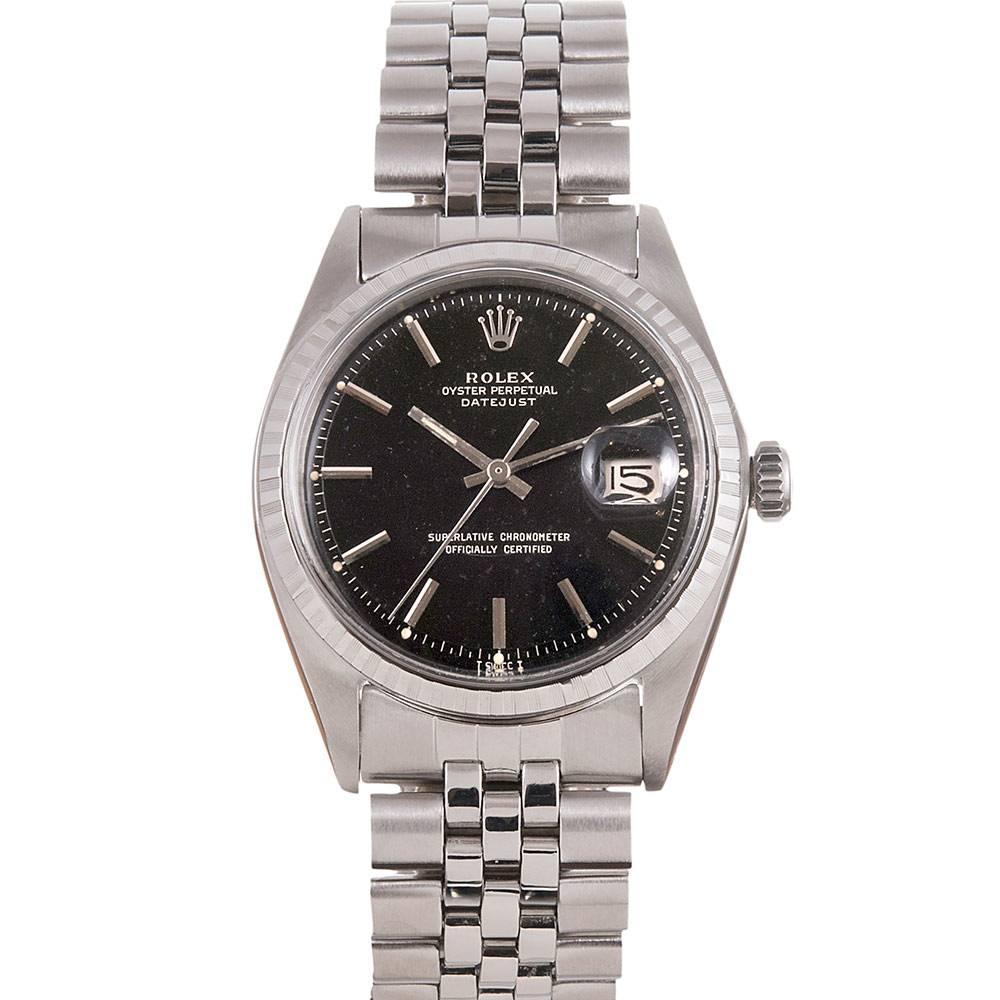 Rolex Stainless Steel Datejust Black Gilt Dial Wristwatch Ref 1603 