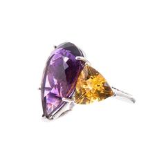 16 Carat Pear Amethyst and 11 Carat Trillion Citrine Gold Three Stone Ring