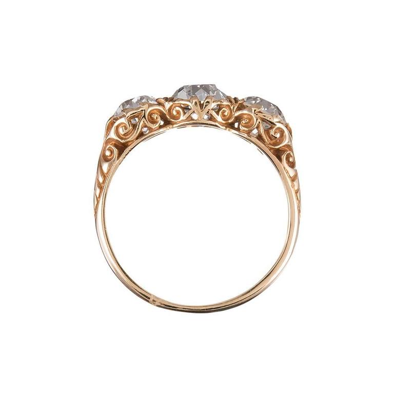 Victorian English Three Stone Diamond Gold Carved Ring at 1stDibs