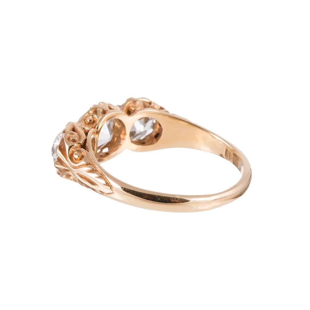 Old European Cut Victorian English Three Stone Diamond Gold Carved Ring