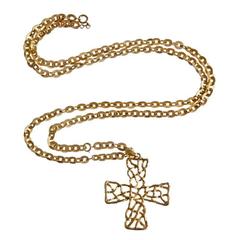 Contemporary Gold Textured Cross and Long Chain