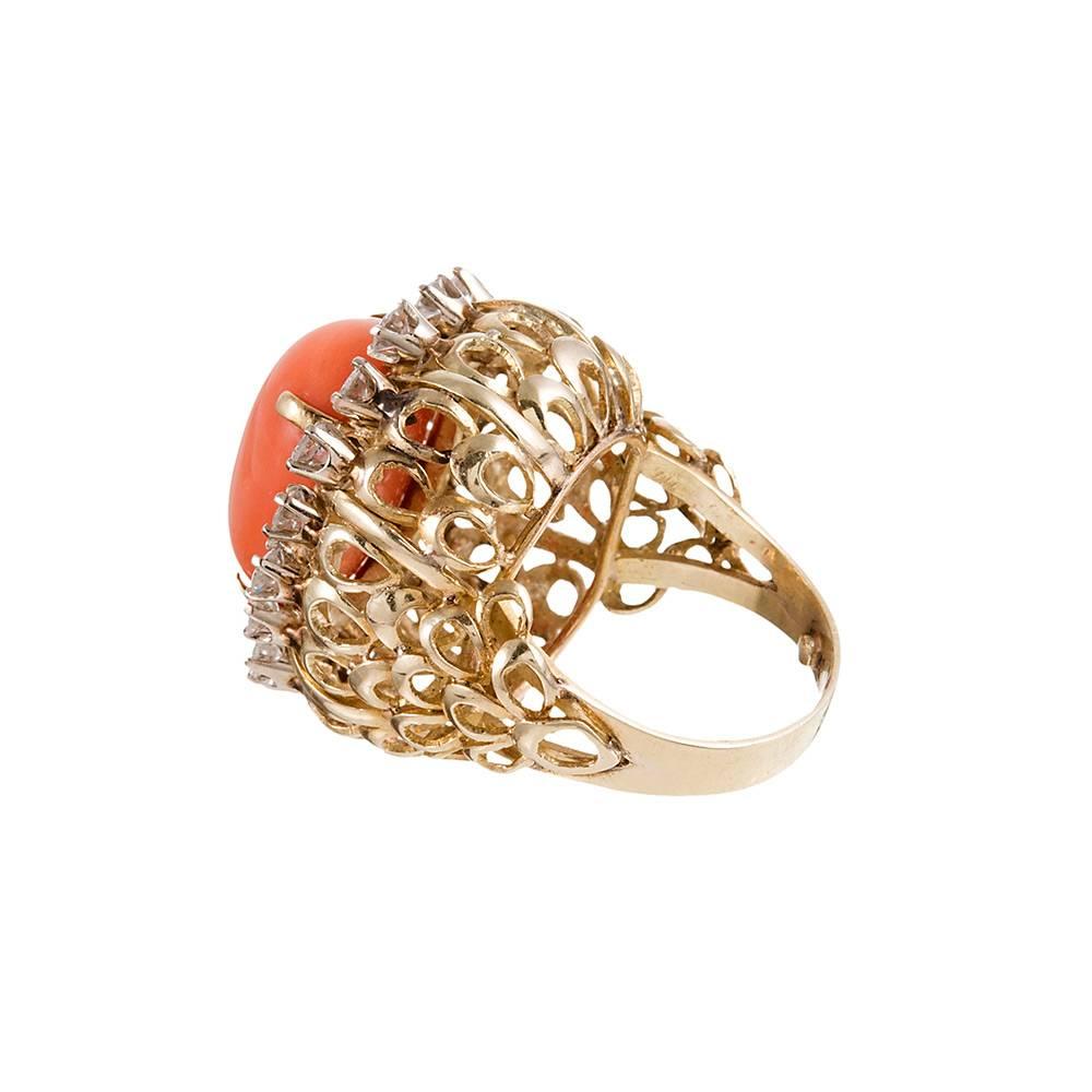 1960s Coral Cabochon Diamond Gold Cluster Ring In Excellent Condition In Carmel-by-the-Sea, CA
