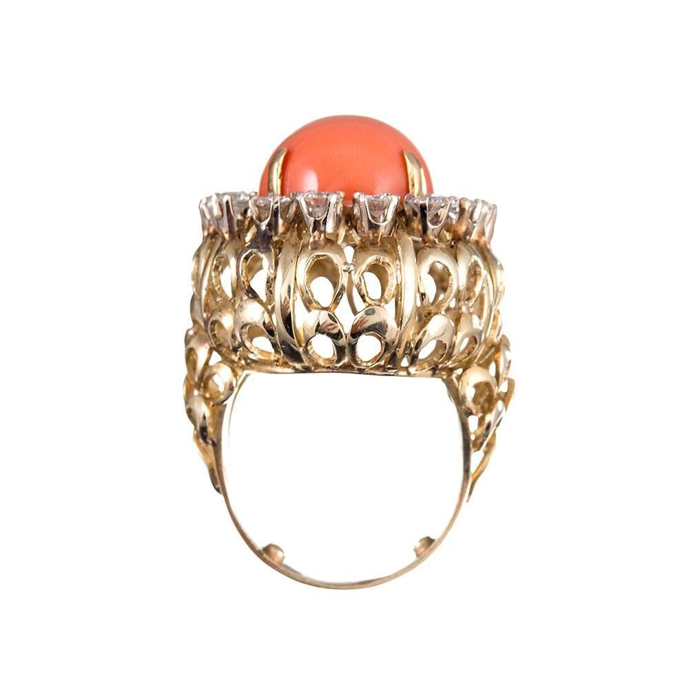 Women's 1960s Coral Cabochon Diamond Gold Cluster Ring