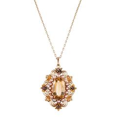 Victorian Citrine Pink Pearls Gold Pendant 