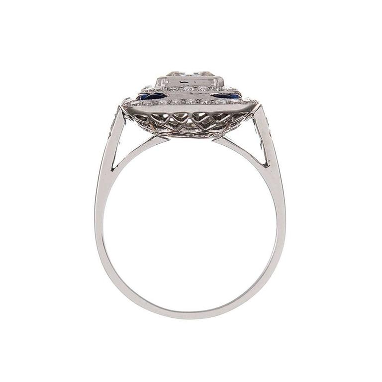 Asscher Diamond Platinum Double Halo Ring with Sapphire Accents at 1stdibs