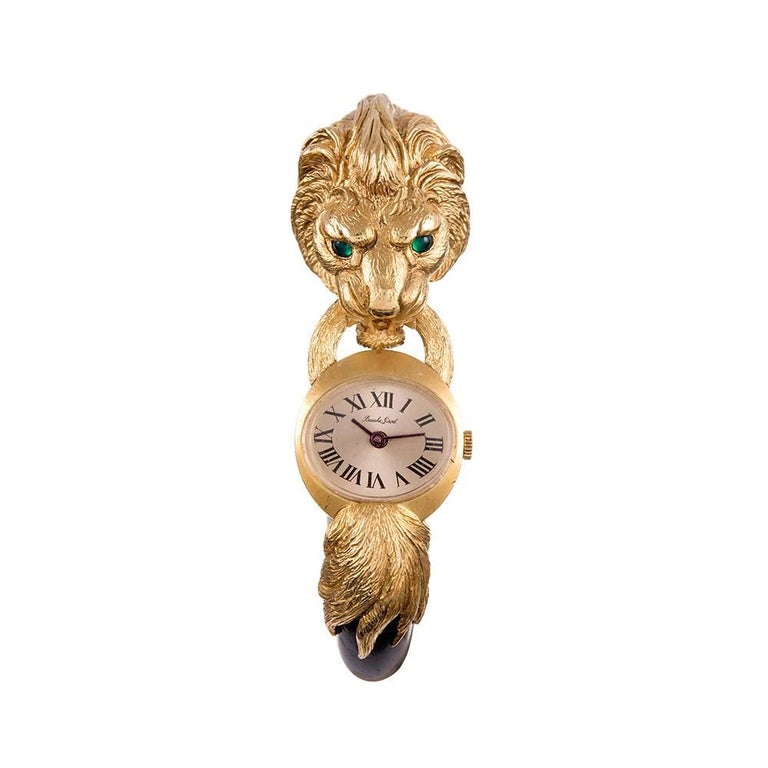 Bueche Girod Ladies Yellow Gold Carved Wood Lion’s Head Wristwatch For Sale