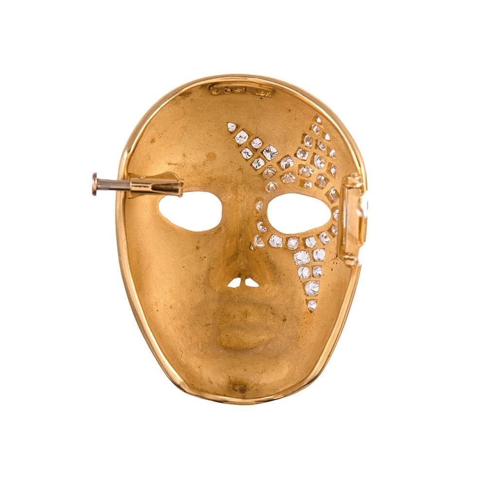 Diamond Gold Drama Mask Brooch In Excellent Condition In Carmel-by-the-Sea, CA