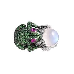 Boucheron Moonstone Garnet Diamond Gold Frog Ring