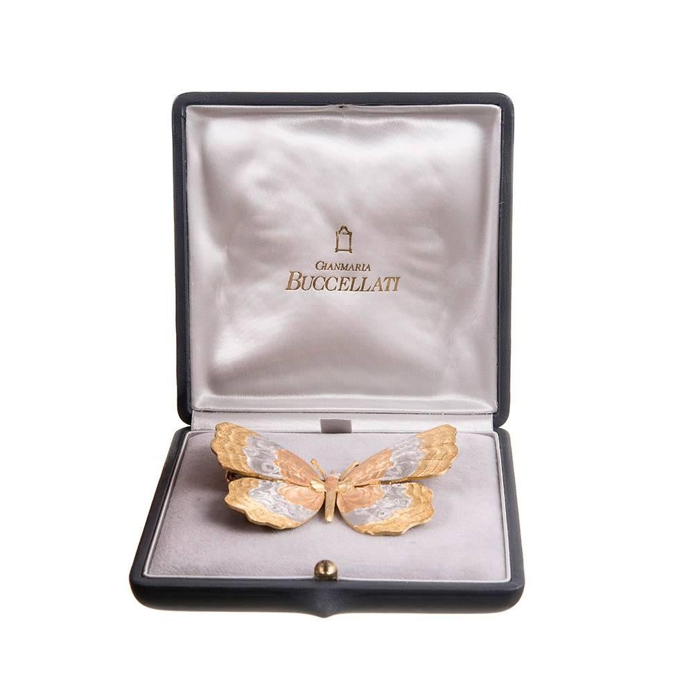Buccellati Tricolor Gold Butterfly Brooch In Excellent Condition In Carmel-by-the-Sea, CA
