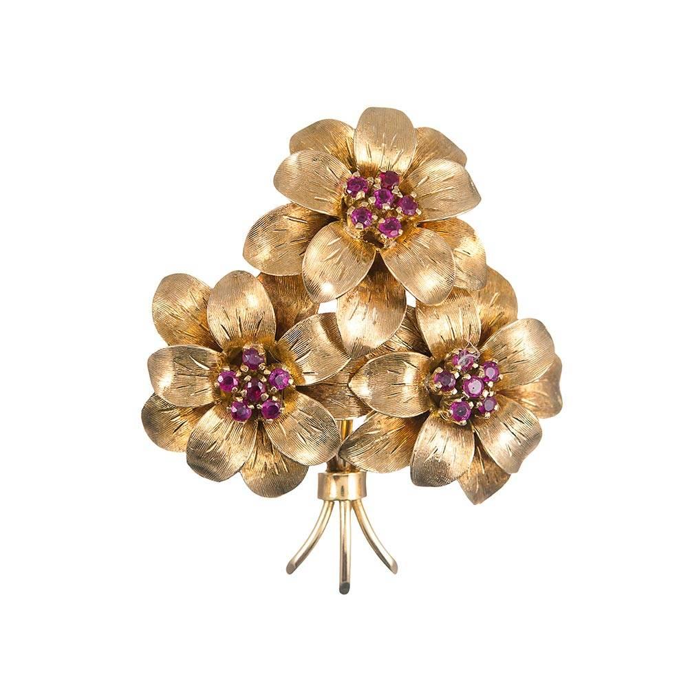 Tiffany & Co. Ruby Yellow Gold Flower Brooch