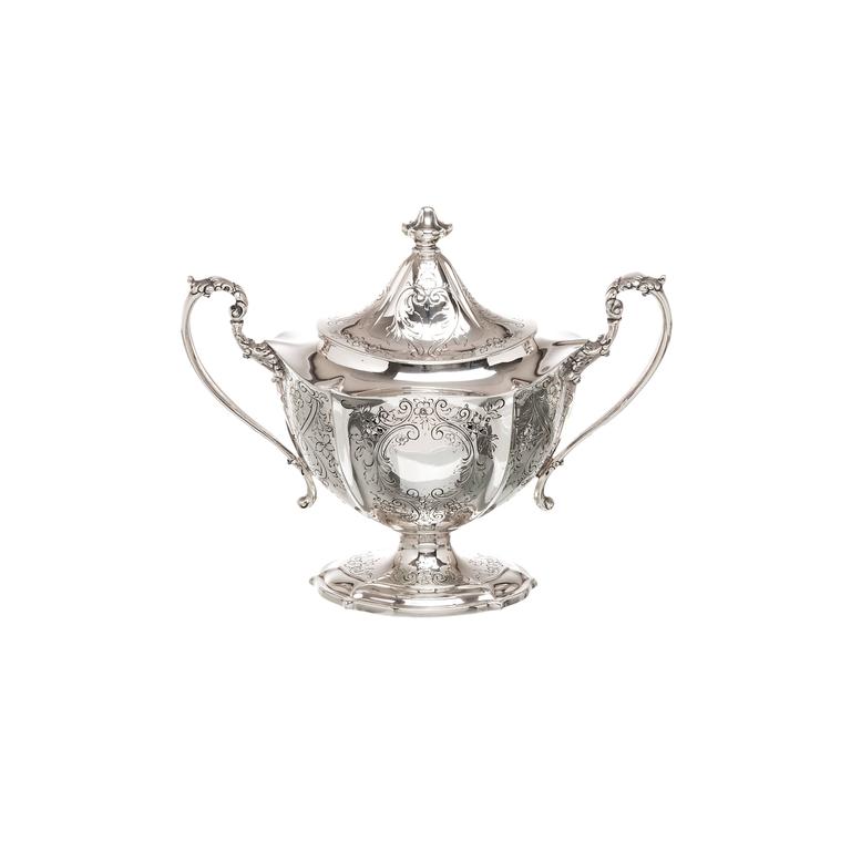 Hardy & Hayes Company Jewelers was founded in 1885 by J. Alex Hardy and Harry B. Hayes. This stunning Sterling Silver tea service was made at the turn of the century, circa 1905 and includes the following eight pieces: serving tray (weighing 150
