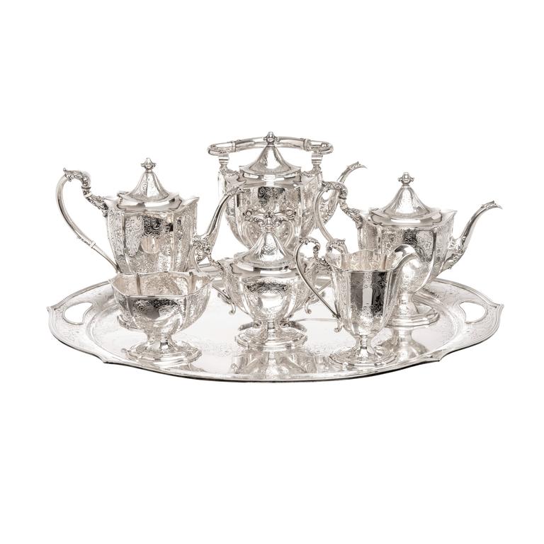 Eight-Piece Sterling Silver Tea Service Made for "Hardy & Hayes Co." For Sale
