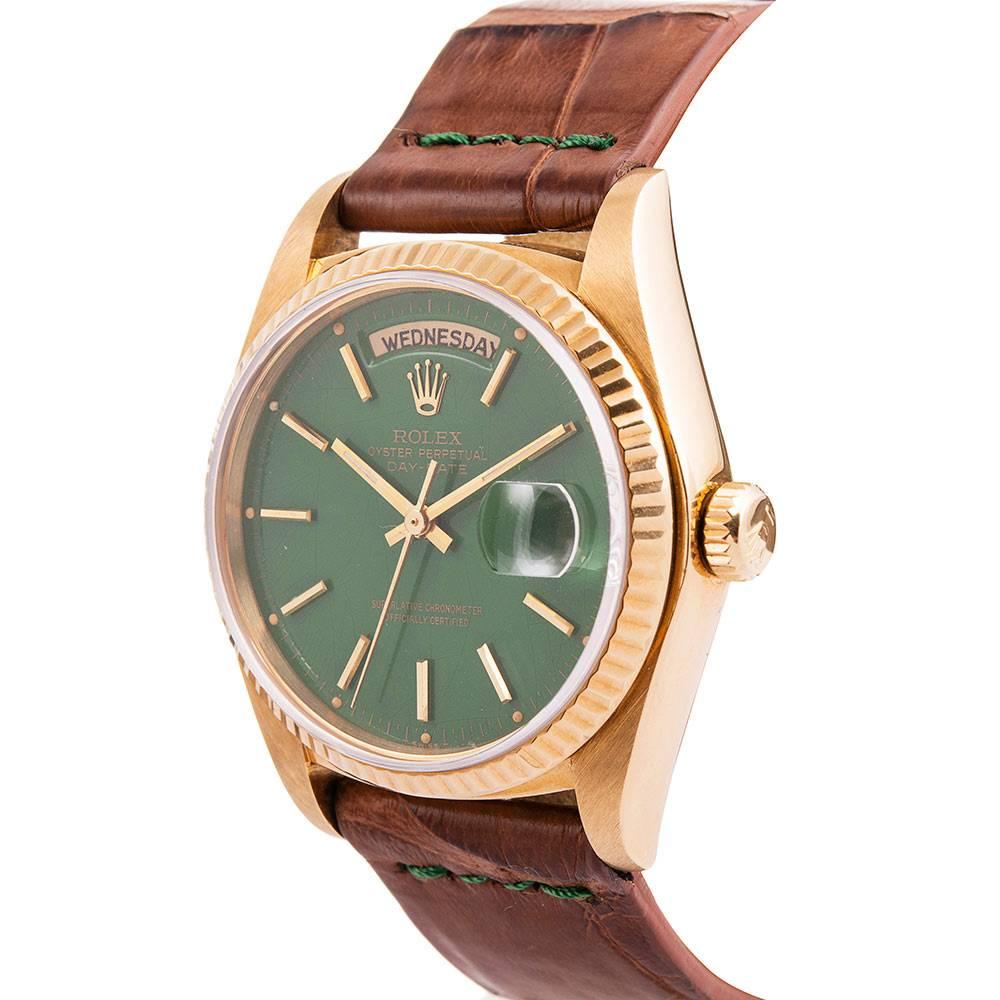 Stella dial Rolex watches are in their own collectable category and authentic examples have become very scarce. The intense green color of this example is amplified by the beautiful patina on the luminous. This is a later example, with a sapphire