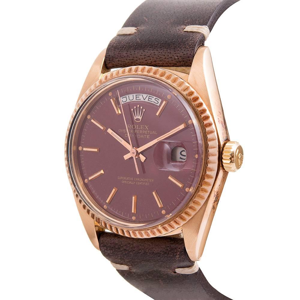 Pink gold Stellas are a particular rarity in an already elite category of collectable Rolex watches. Note the pie pan dial and rose gold markers. The oxblood color is a beautiful compliment to the rose gold. 36mm. Circa 1972