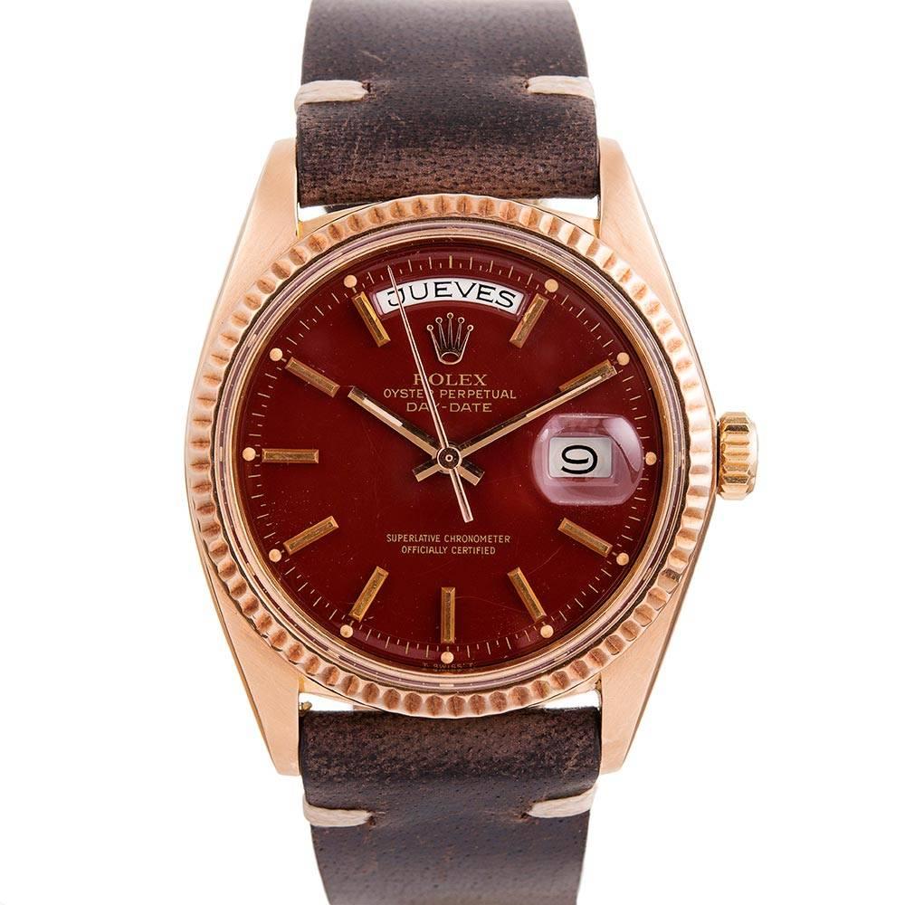 Rolex Rose Gold Oxblood Stella Dial Day-Date Wristwatch