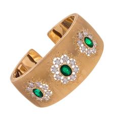 Mario Buccellati Emerald Diamond Gold Wide Cuff Bracelet