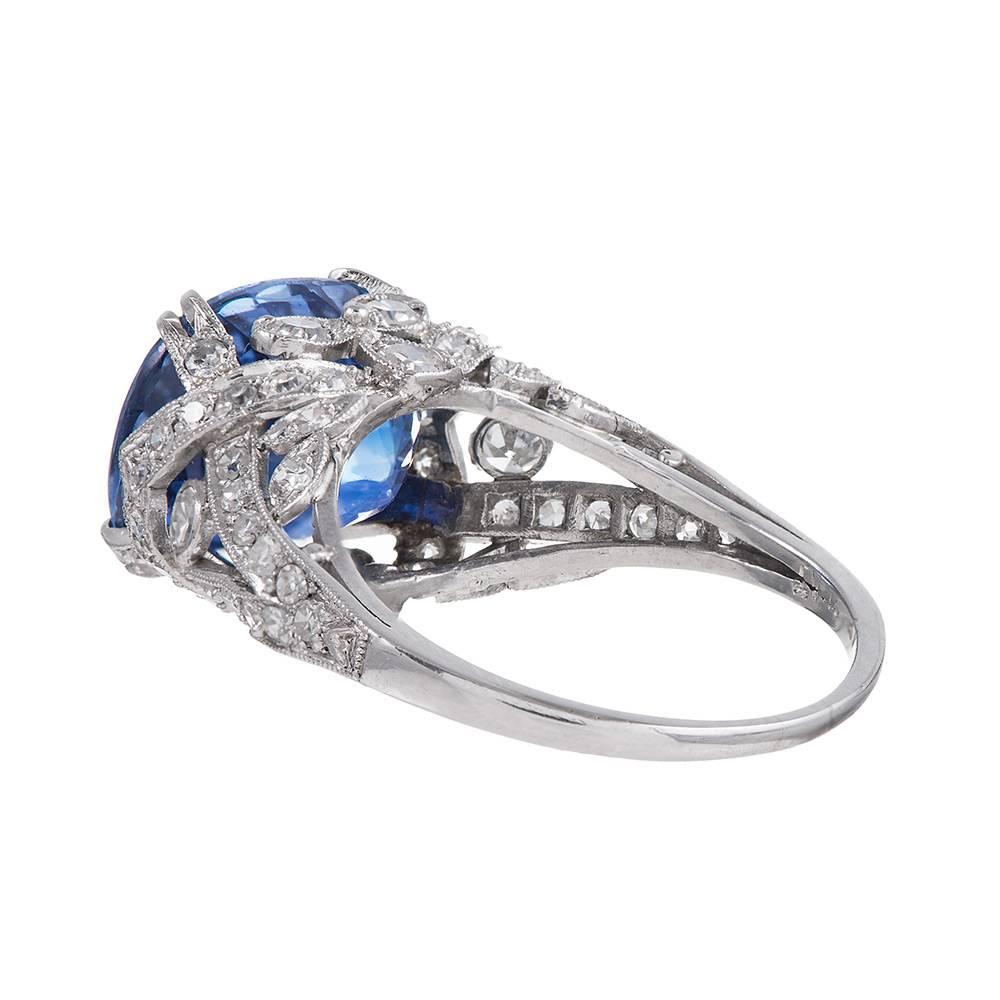 9.03 Carat Cornflower Blue Sapphire Diamond Platinum Floral Ring In Excellent Condition In Carmel-by-the-Sea, CA