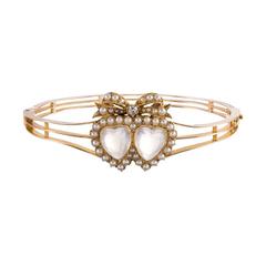 Victorian Pearl Moonstone Diamond Gold Double Heart Bangle Bracelet