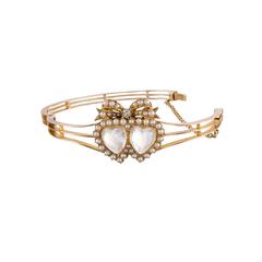 Victorian Pearl Moonstone Diamond Gold Double Heart Bangle Bracelet