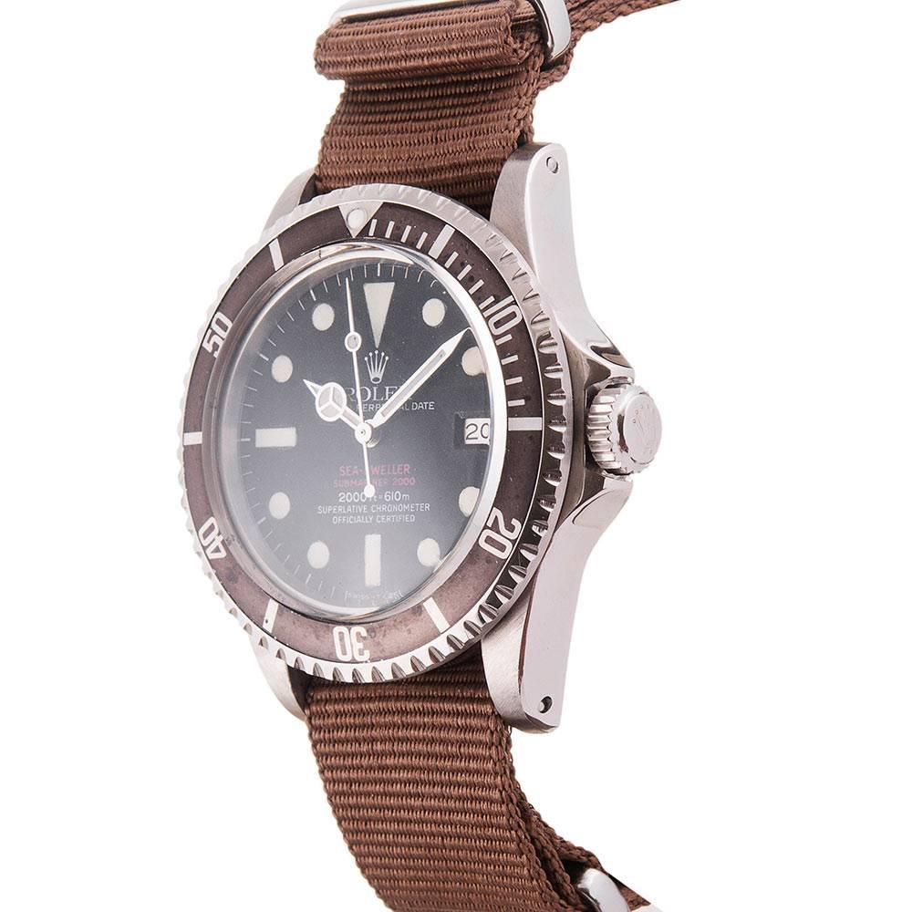 A handsome vintage example with an immediately recognizable chocolate brown bezel insert. Look closer and notice the superior case condition; it's mint! There is a bit of aging around the outer edge of the dial, however, this does not diminish the