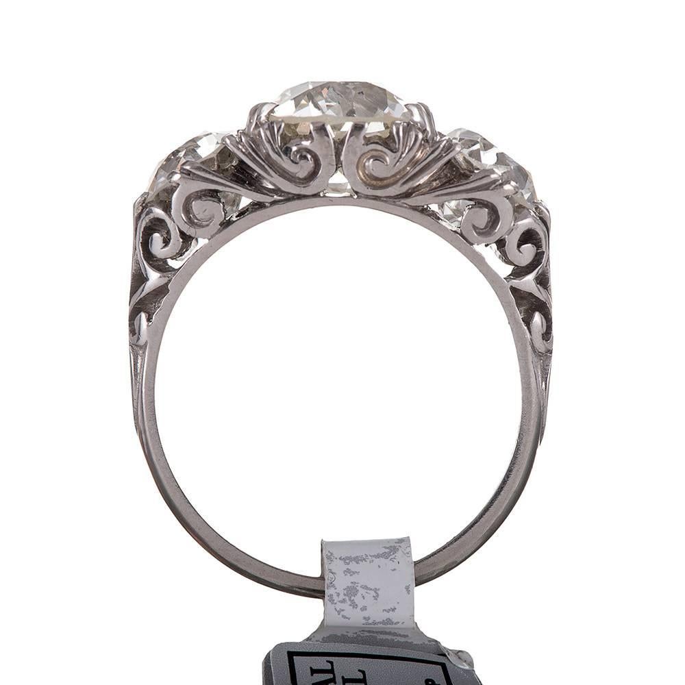 Old European Cut 18 Karat White Gold and Diamond English Carved Ring For Sale