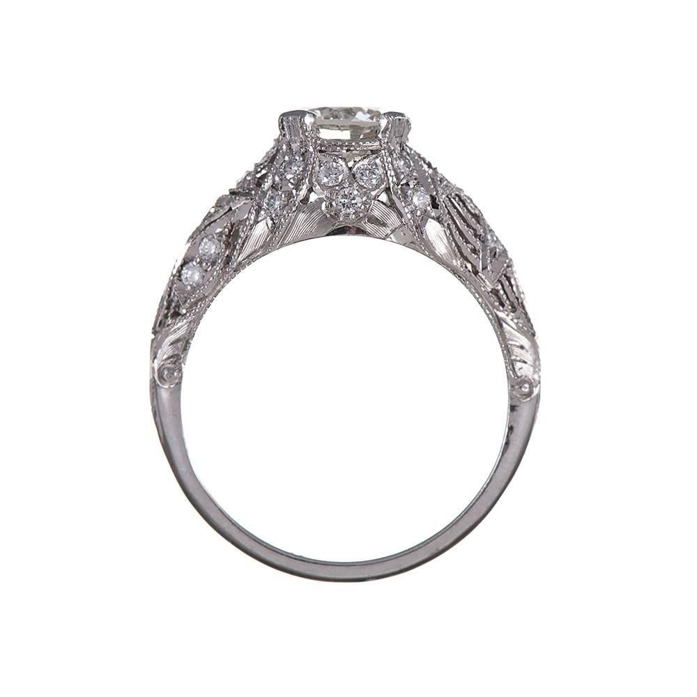 Women's Art Nouveau Style Platinum Ring with 1.02 Carat Diamond Center