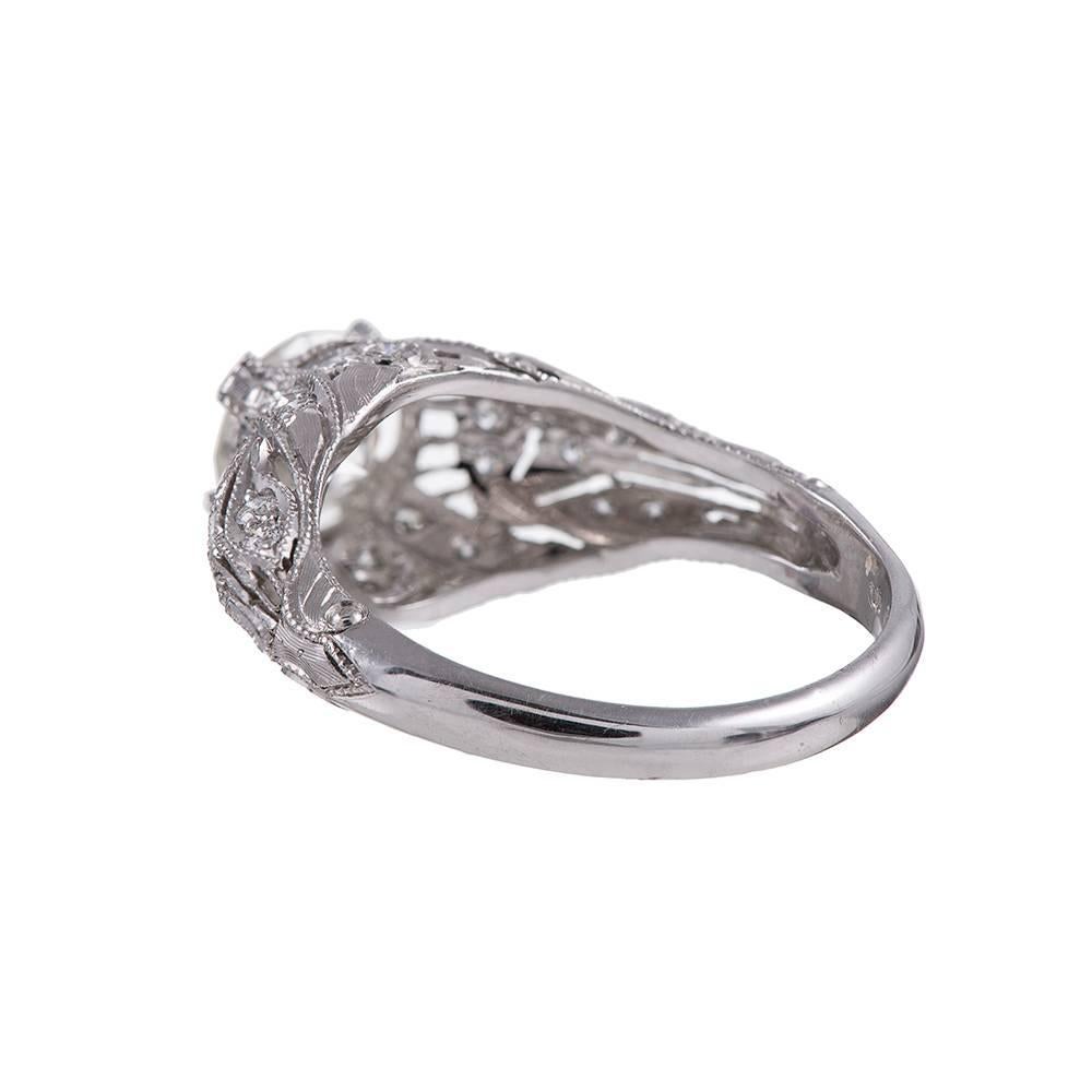 Art Nouveau Style Platinum Ring with 1.02 Carat Diamond Center In Excellent Condition In Carmel-by-the-Sea, CA