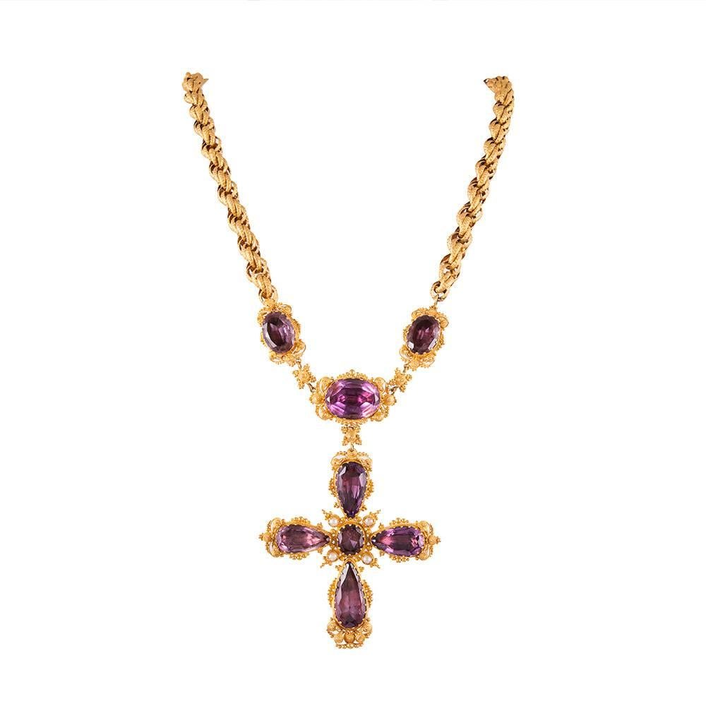 Magnificent Georgian Amethyst Cross Necklace, Earrings and Pin Suite  1