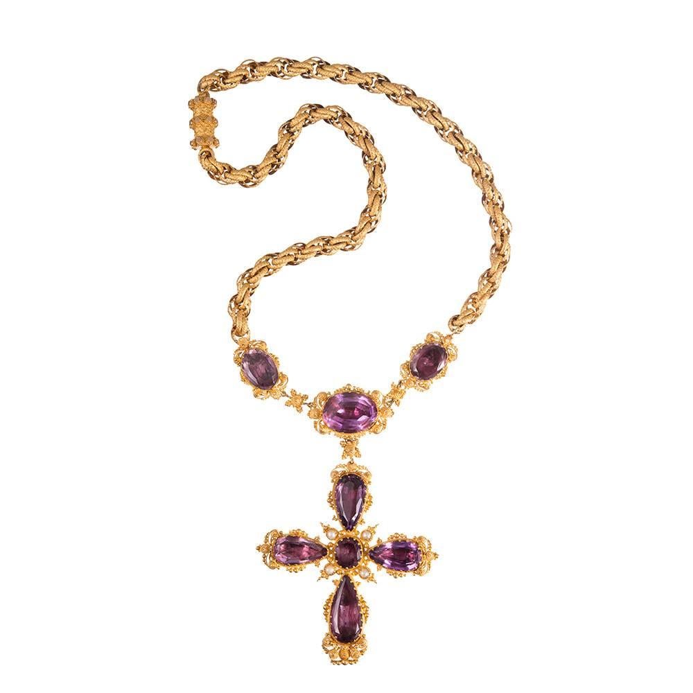 Magnificent Georgian Amethyst Cross Necklace, Earrings and Pin Suite  2