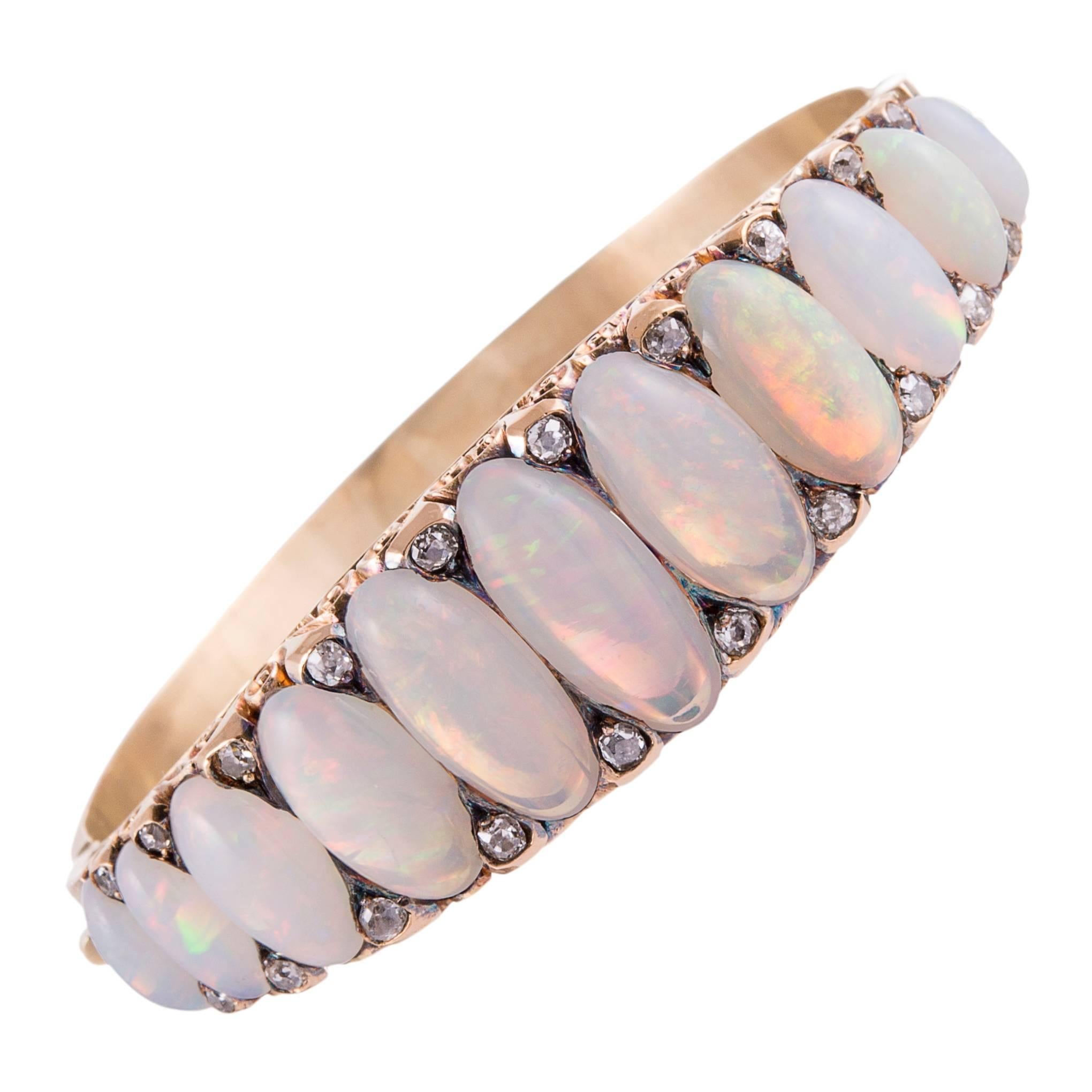 Extra-Large Victorian 30 Carat Opal and Diamond English Carved Bangle Bracelet For Sale