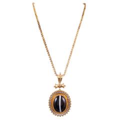 English Victorian Enamel Banded Agate Gold Locket