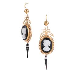 Antique Victorian Cameo Banded Agate Gold Earrings