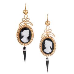 Antique Victorian Cameo Banded Agate Gold Earrings