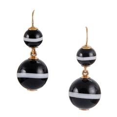 Antique Banded Agate Gold Double Drop Earrings