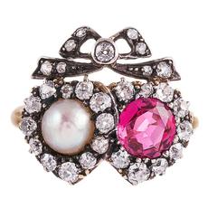 Victorian Pearl Ruby Diamond Gold Double Heart Ring