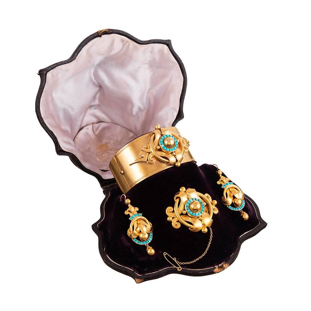 Victorian Turquoise Gold Bracelet Brooch and Earrings Suite in Original Box 4