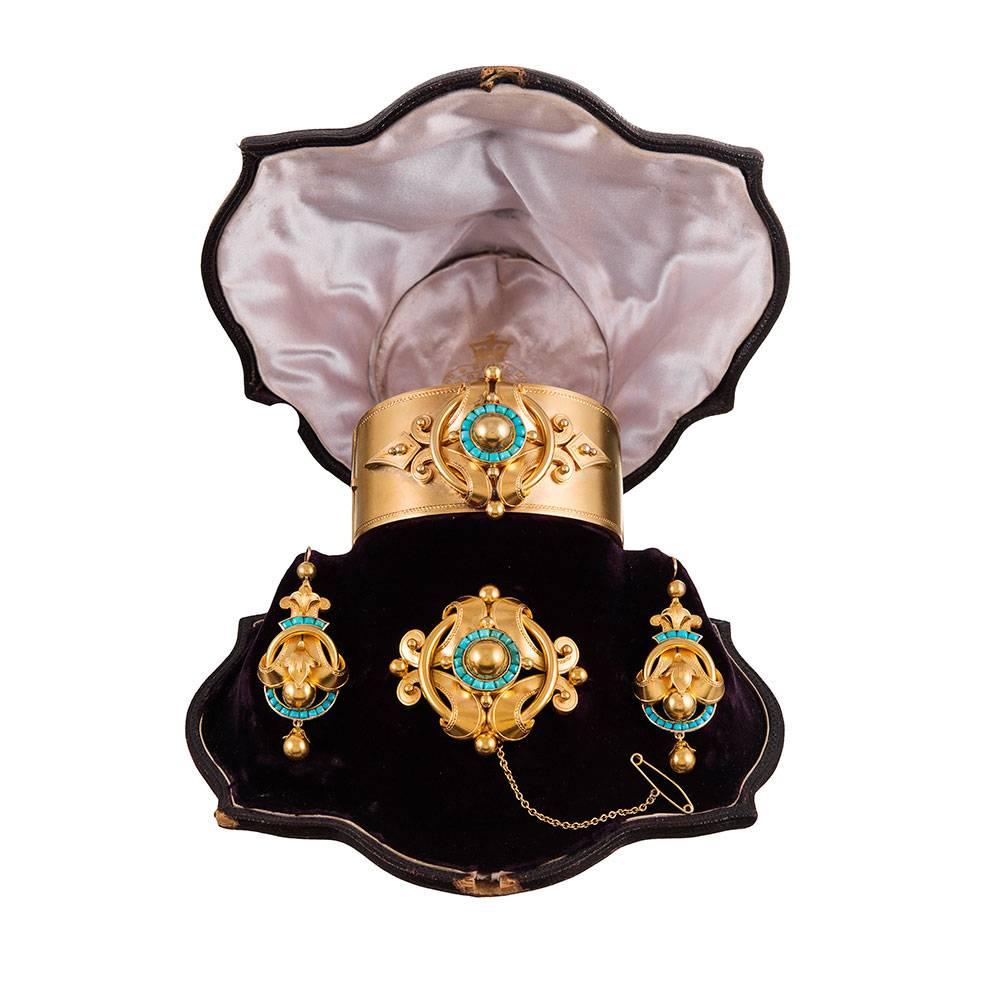 Victorian Turquoise Gold Bracelet Brooch and Earrings Suite in Original Box 3