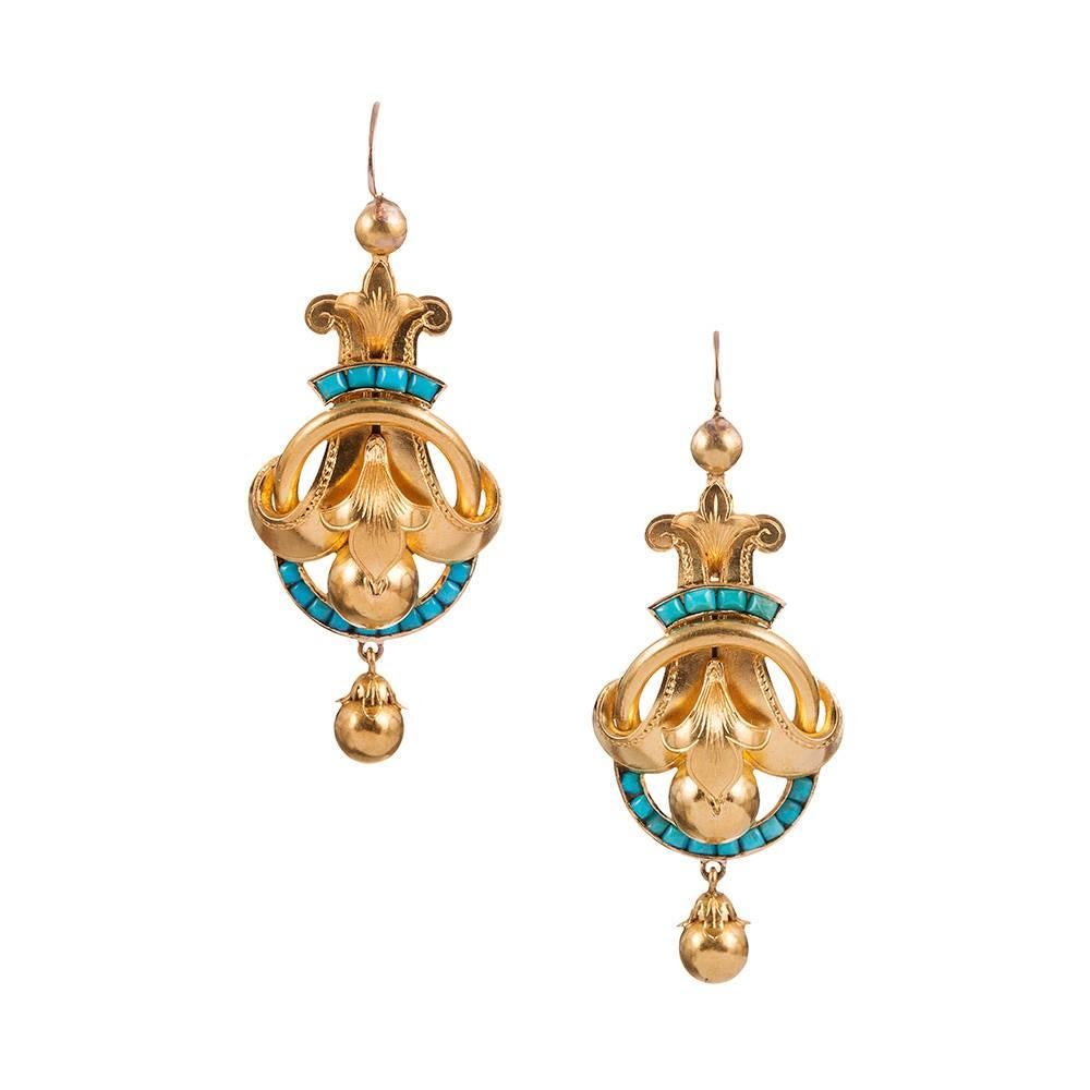 Victorian Turquoise Gold Bracelet Brooch and Earrings Suite in Original Box In Excellent Condition In Carmel-by-the-Sea, CA