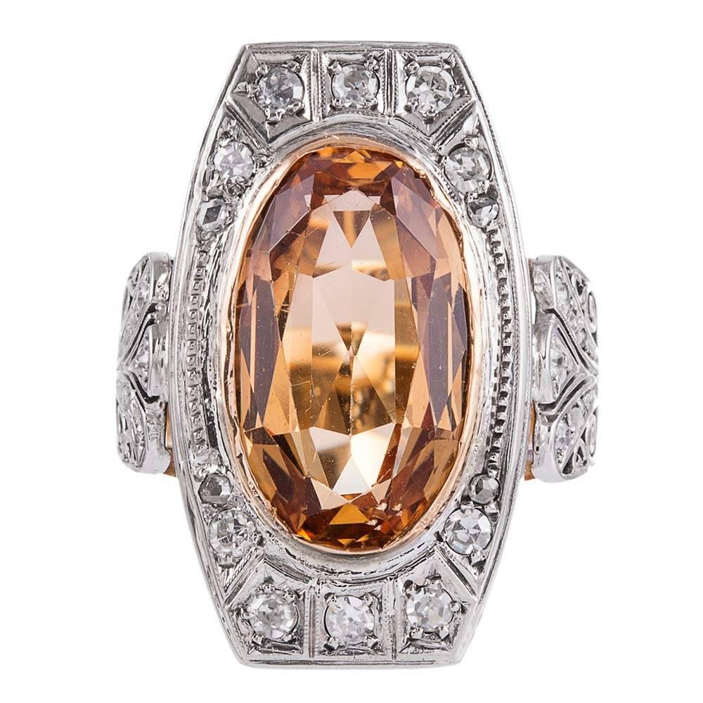 1910 Antique Edwardian 6 Carat Imperial Precious Topaz Diamond Gold Ring