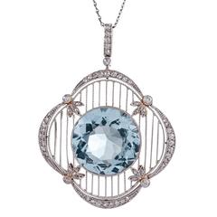 Antique Edwardian 15 Carat Aquamarine Diamond platinum Pendant