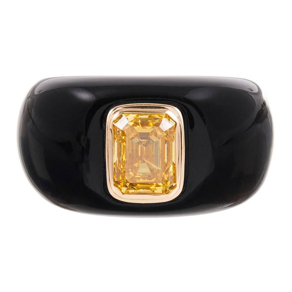 1.73 Carat Cultured Fancy Vivid Yellow Diamond in Custom Onyx Mounting