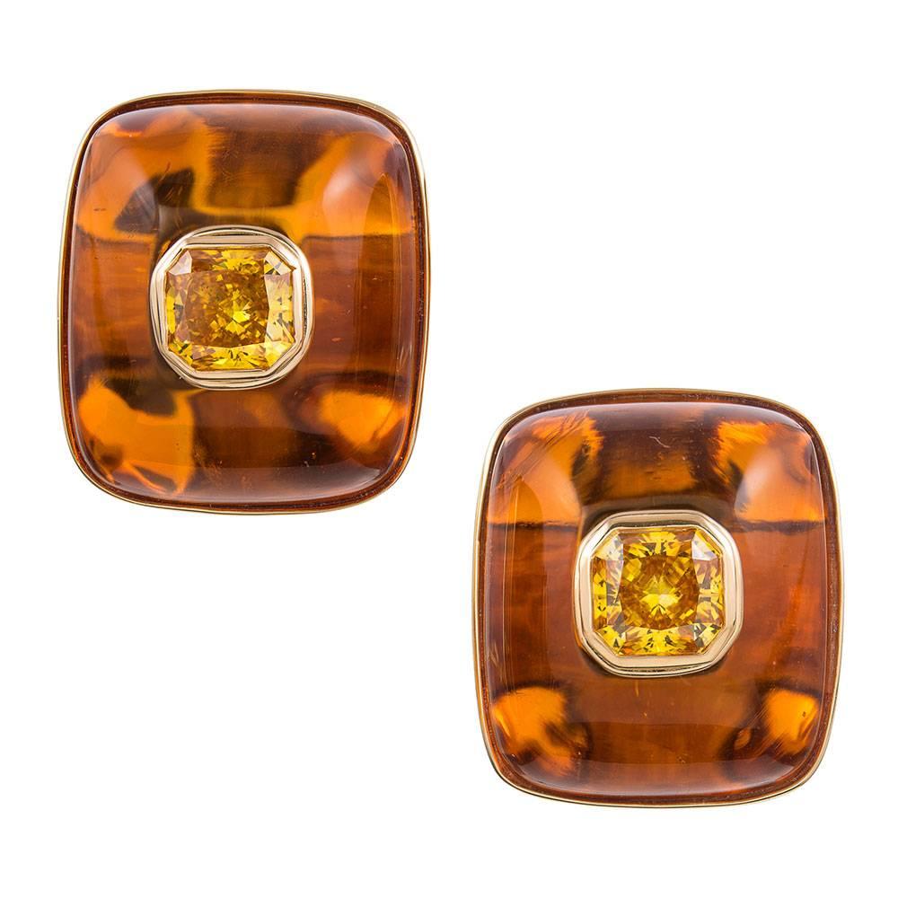 2.80 Carat Cultured Fancy Vivid Orange Yellow Diamonds in Custom Amber Earrings