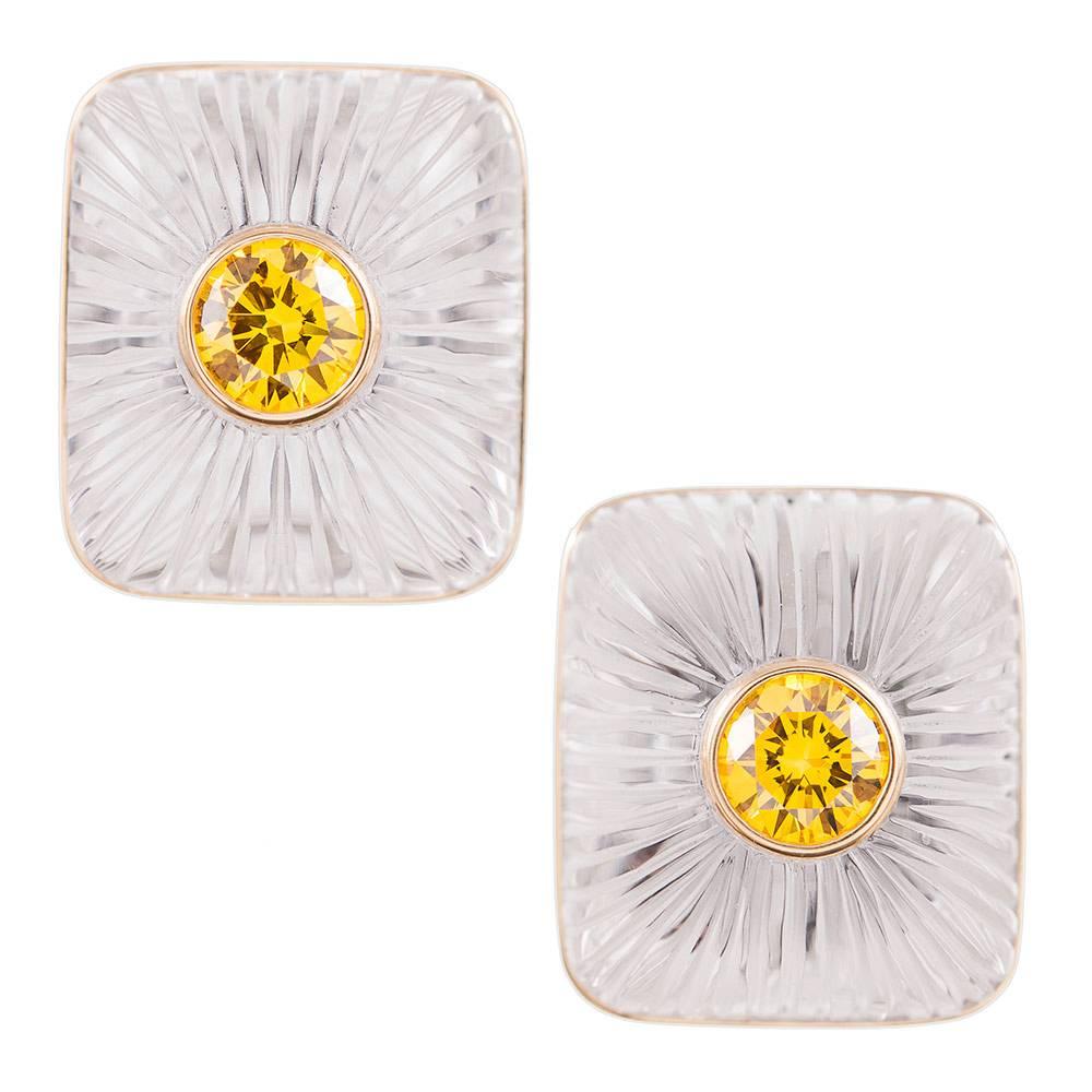 2.33 Carat Cultured Fancy Vivid Orange Yellow Diamonds Rock Crystal Earrings